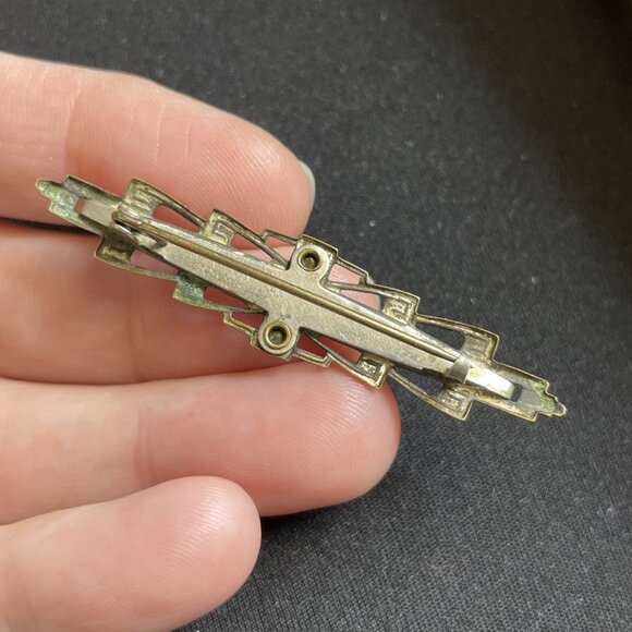 Antique Art Deco Mop Bar Pin Brooch Clear Stones Mother Of Pearl C Clasp - Picture 4 of 8